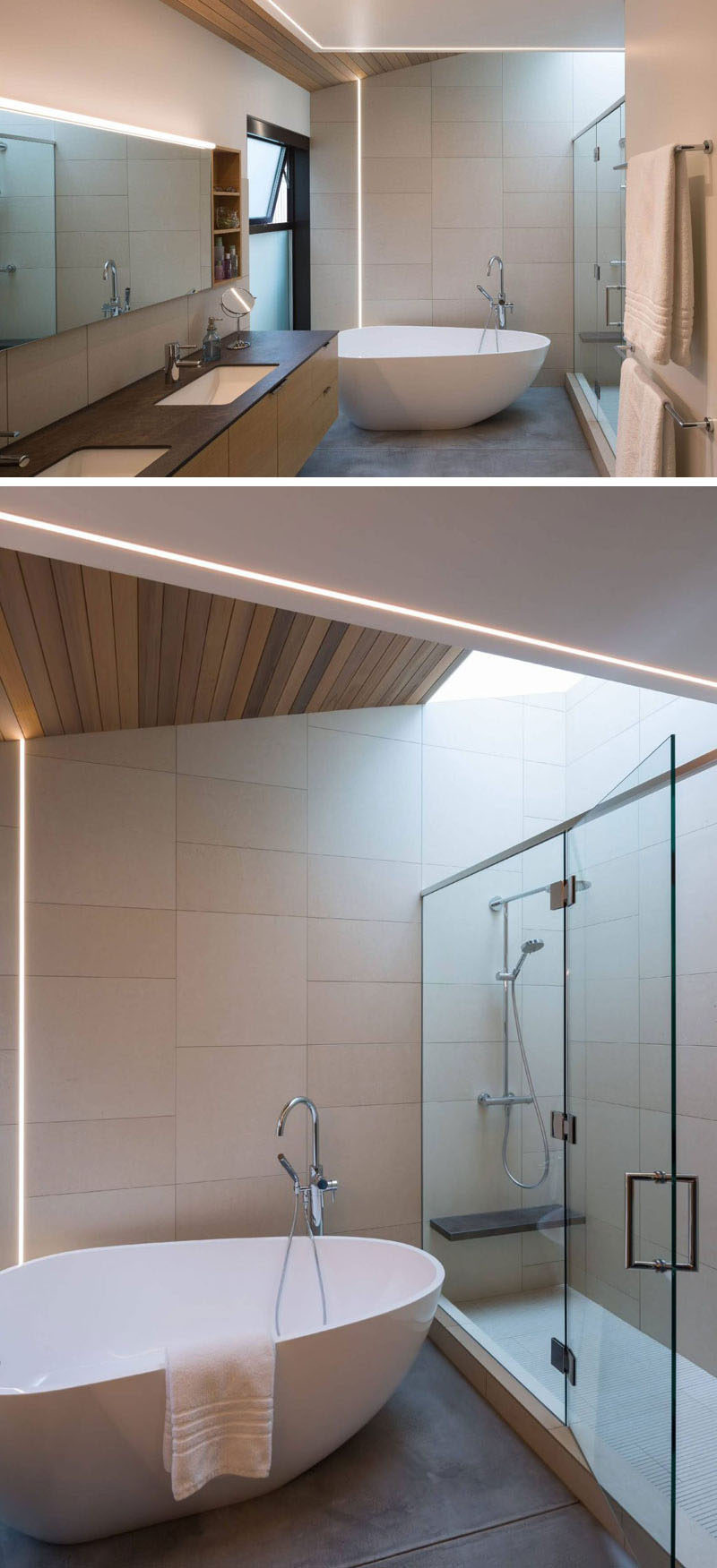 In this modern master bathroom, LED strips have been used to create evenly diffused soft lighting, while a skylight above the shower and a small window near the bath provide natural light to the space.