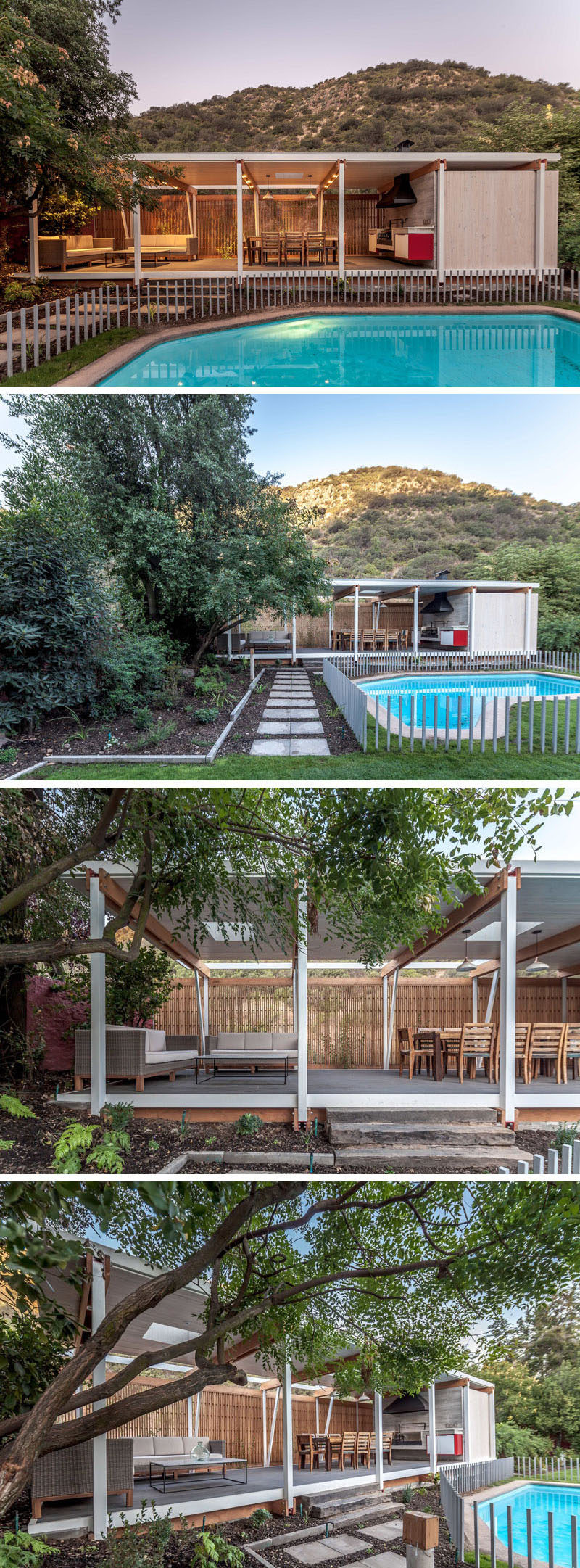 This modern pool house sits next to a swimming pool and includes a covered outdoor living room and dining area, as well as a BBQ, a kitchenette, a wine cellar and a bathroom. A wooden screen provides privacy without blocking the sunlight.