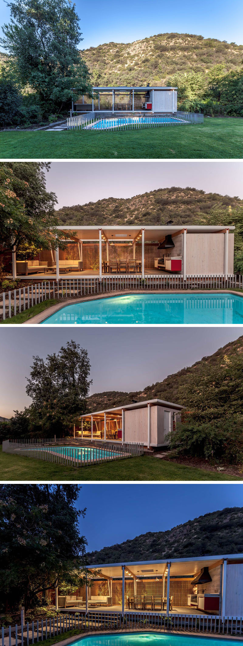 This modern pool house sits next to a swimming pool and includes a covered outdoor living room and dining area, as well as a BBQ, a kitchenette, a wine cellar and a bathroom. A wooden screen provides privacy without blocking the sunlight.