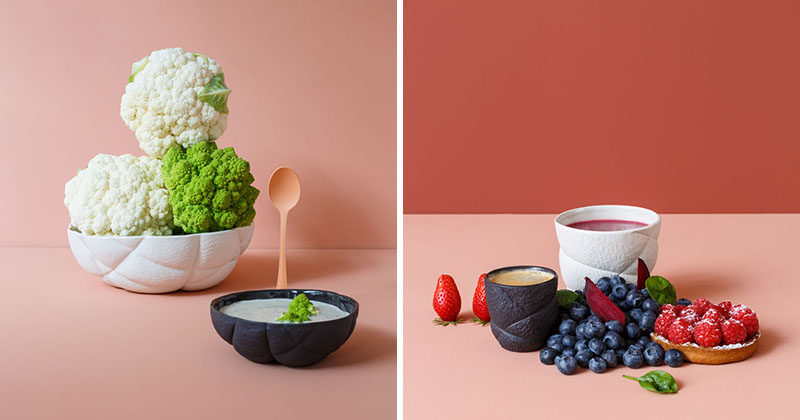 This unique line of matte black and white porcelain tableware, featuring cups, bowls and plates, adds a modern touch to your table setting.