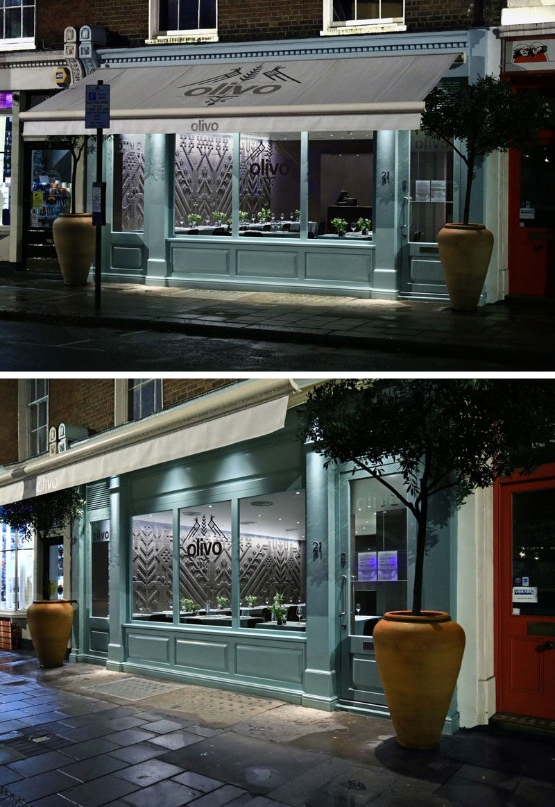 The front of this restaurant respects the traditional London Victorian look, however it has been brightened up by using a 'duck-egg' blue color.