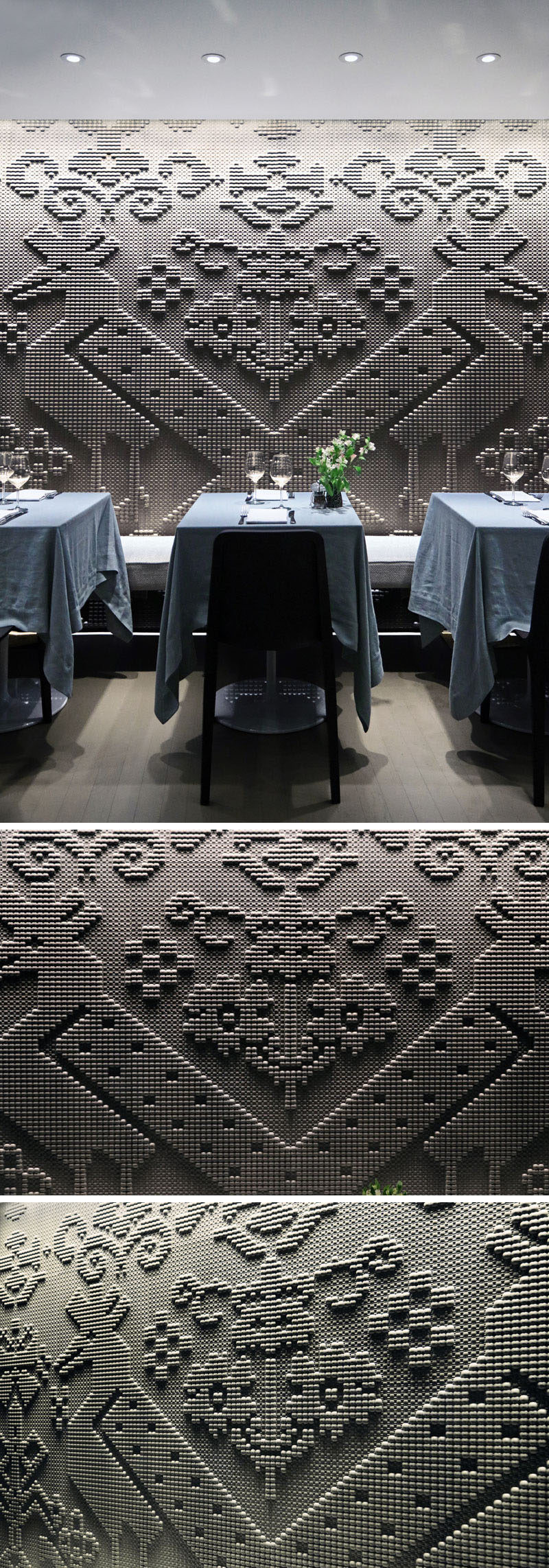 Wall Decor Ideas - A chiseled natural stone tapestry covers the wall of this modern restaurant.