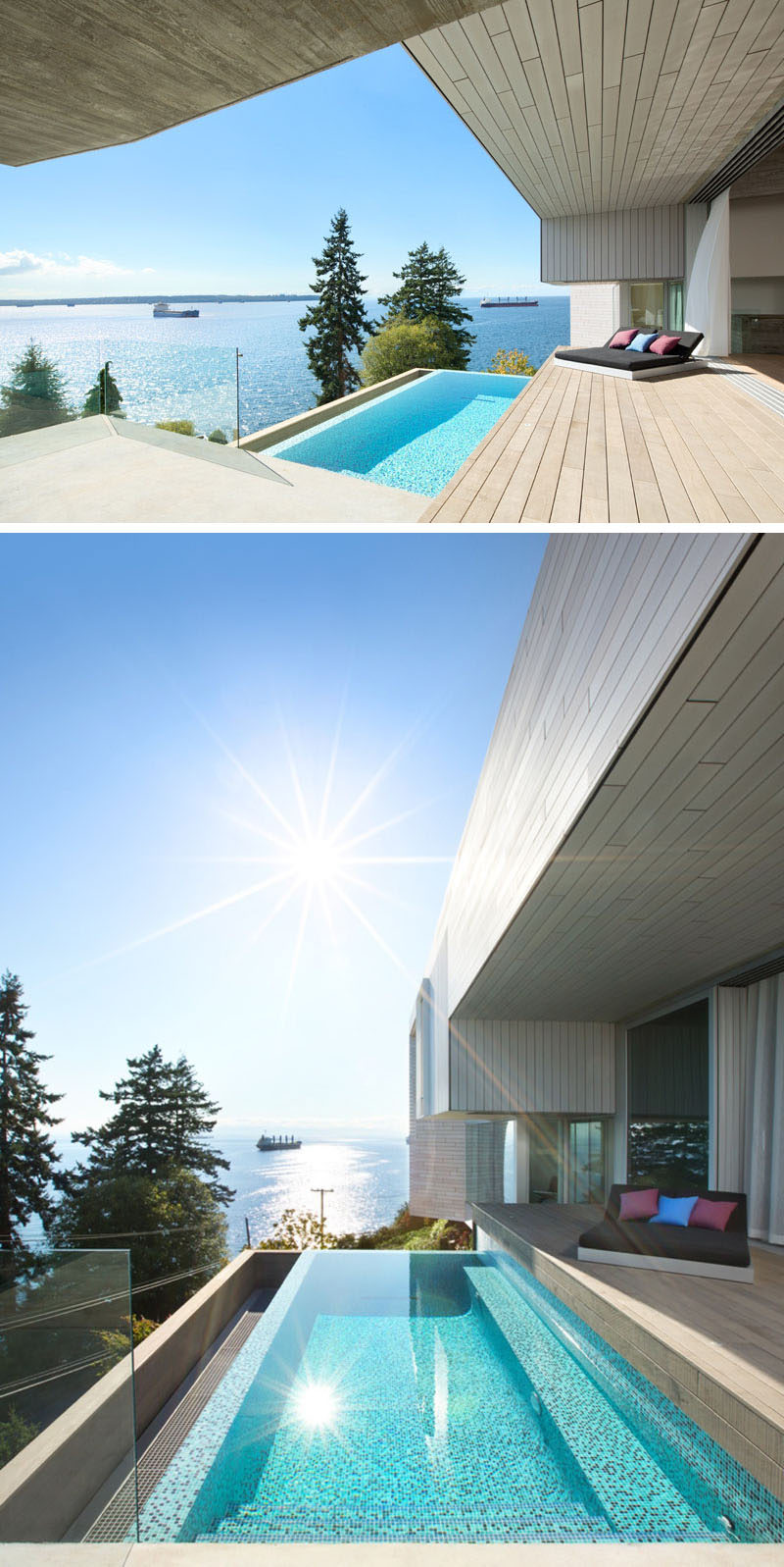 A concrete platform off the wooden deck of this modern house, guides you down to the small swimming pool (plunge pool), that is perfect for enjoying the ocean views.