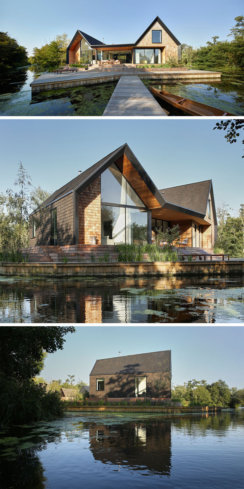 This new modern house covered in wood shingles has pitched roofs, a separate boat shed, sits beside a secluded lagoon and can also be rented out for vacation rentals.