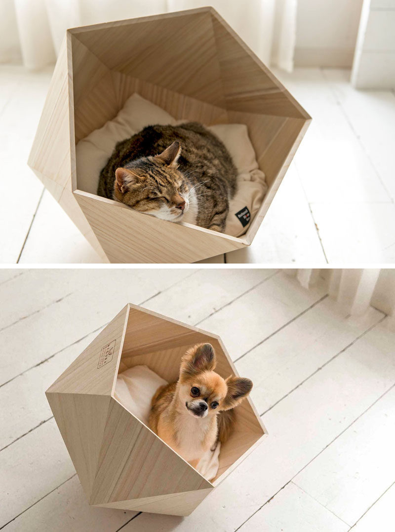 This small unique and modern pet bed made from wood is the perfect cave for your cat or dog.