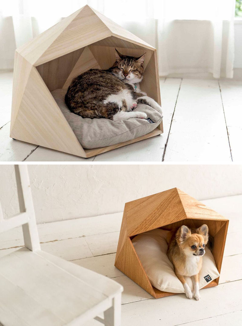 This small unique and modern pet bed made from wood is the perfect cave for your cat or dog.