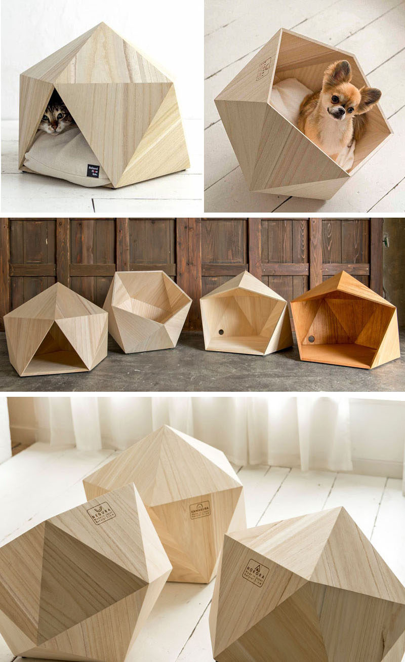 These small unique and modern pet beds made from wood, are like a little cave for your cat or dog.