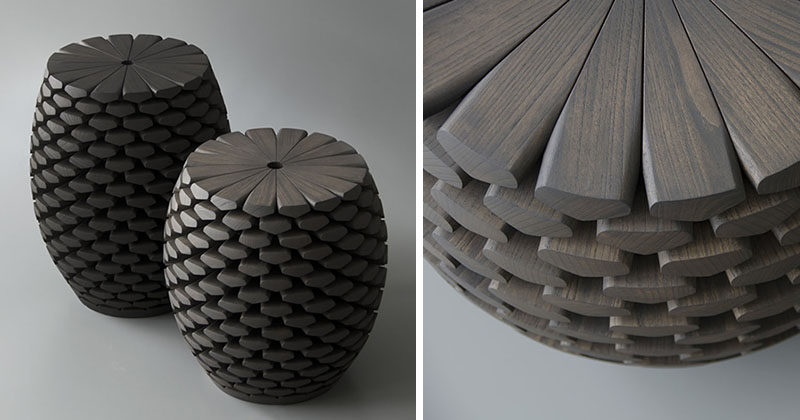 Inspired by conifer cones (or pine cones) from an alpine forest, these sculptural modern tables feature wooden scales arranged in overlapping layers. Once assembled, they are then sculpted and finished by hand.