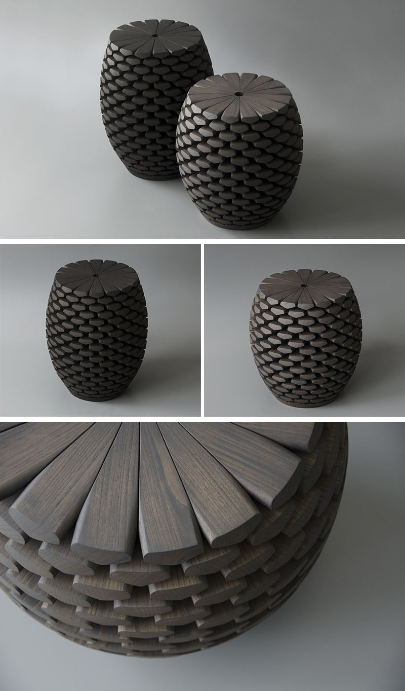 Inspired by conifer cones (or pine cones) from an alpine forest, these sculptural modern tables feature wooden scales arranged in overlapping layers. Once assembled, they are then sculpted and finished by hand.