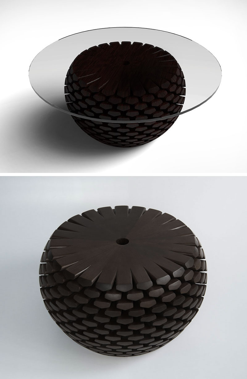 Inspired by conifer cones (or pine cones) from an alpine forest, these sculptural modern tables feature wooden scales arranged in overlapping layers. Once assembled, they are then sculpted and finished by hand.