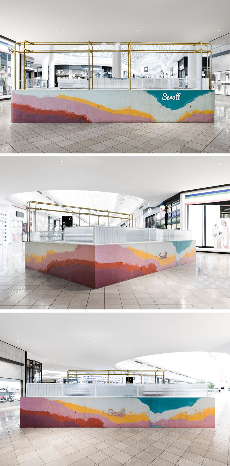 Layers of colorful concrete were poured onsite into a formwork mold to create a bar for Scroll Ice Cream's flagship store in Australia.