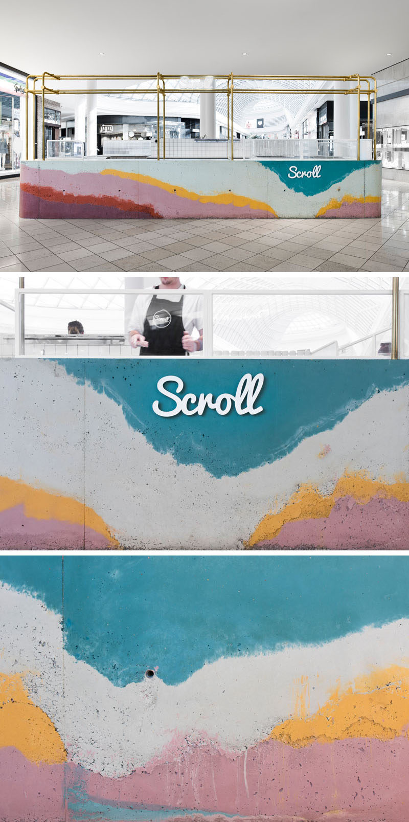 Layers of colorful concrete were poured onsite into a formwork mold to create a bar for Scroll Ice Cream's flagship store in Australia.