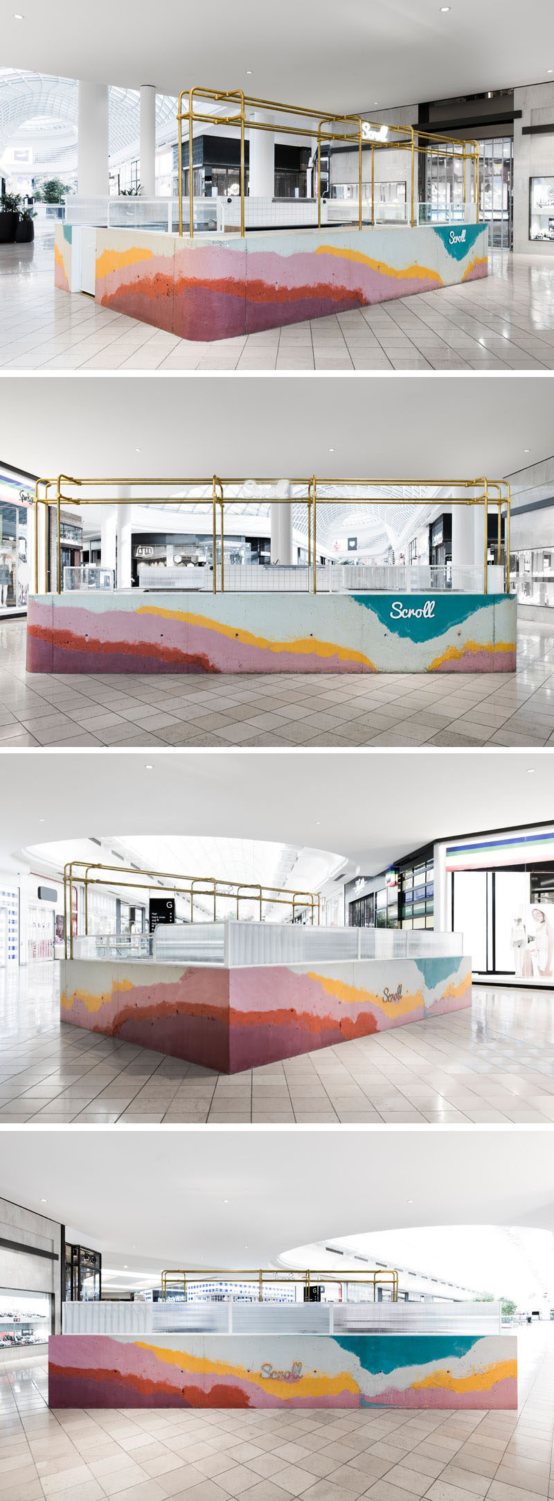 Layers of colorful concrete were poured onsite into a formwork mold to create a bar for Scroll Ice Cream's flagship store in Australia.