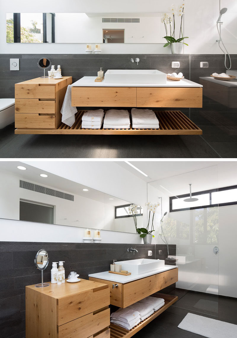 Bathroom Design Idea - The open shelf below this bathroom countertop also holds a set of drawers at one end to provide more storage and keep bathroom products more organized.