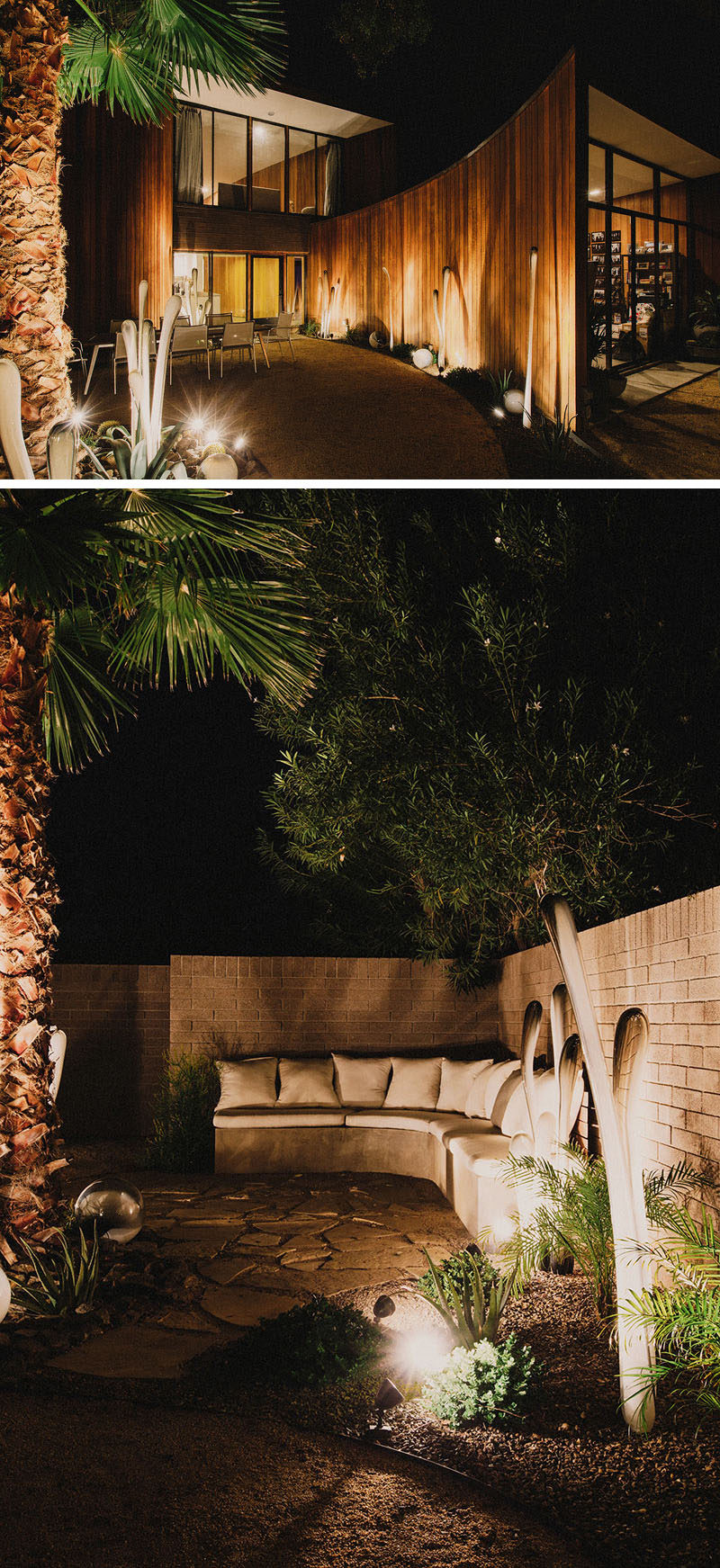 8 Outdoor Lighting Ideas To Inspire Your Spring Backyard Makeover / Uplighting - Make a statement in your backyard and garden by positioning lights under trees and plants as well as right up against a wall. It'll brighten the space while also making it look more dramatic and cozy.