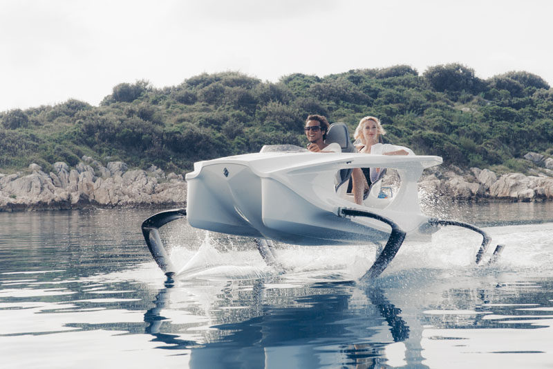 The Q2S electric watercraft by Quadrofoil has a sleek design that allows it to lift out of the water and simulate the feeling of flying.