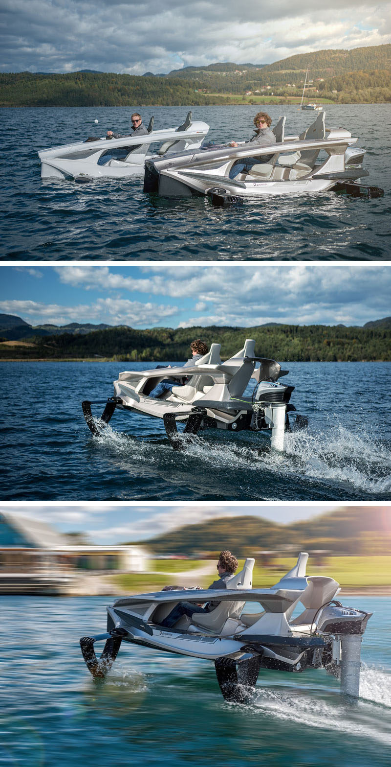 The Q2S electric watercraft by Quadrofoil has a sleek design that allows it to lift out of the water and simulate the feeling of flying.