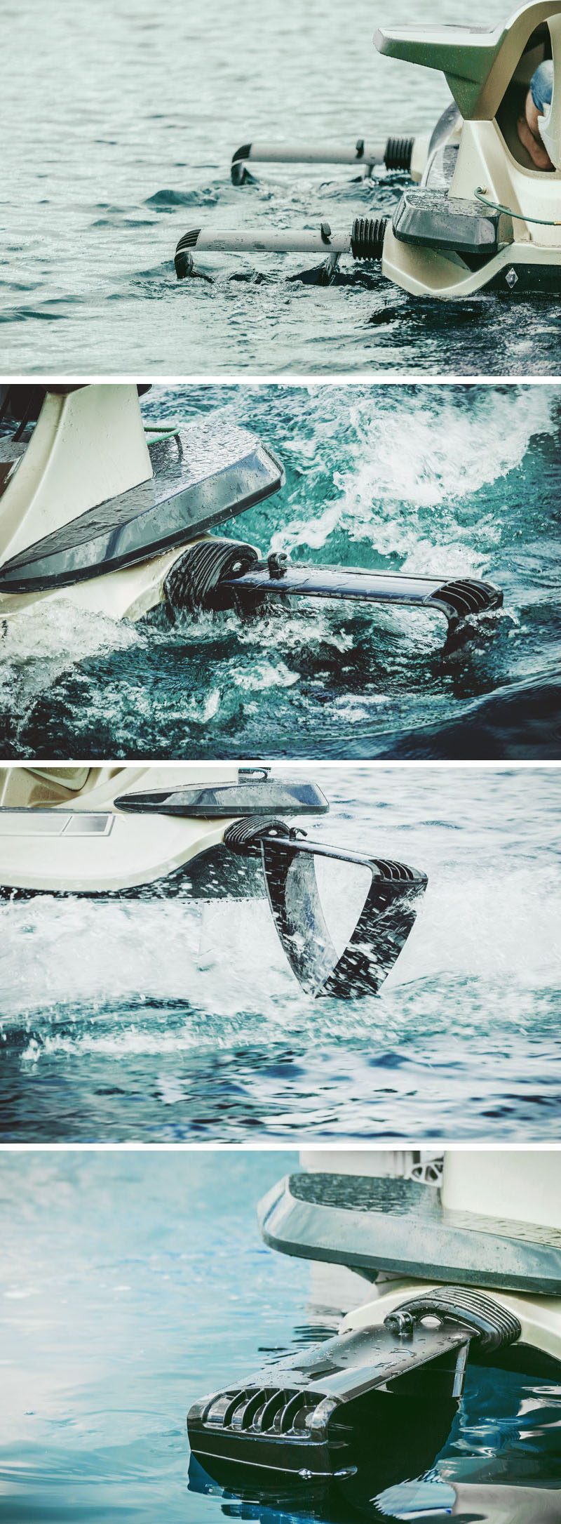 The Q2S electric watercraft by Quadrofoil has a sleek design that allows it to lift out of the water and simulate the feeling of flying.