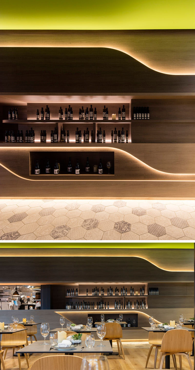 Design firm LAVA have designed Olio, a Sicilian restaurant in Sydney, that uses recessed LED lights to highlight various areas throughout the restaurant and create a nice warm modern glow.