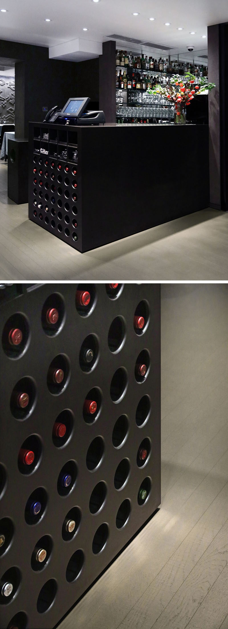 This bar and reception area in a London restaurant features a multi-functional counter made from Corian in a 'coffee-bean' brown. Beneath the counter is a wine display that houses the wine bottles flush with the edge of the counter.