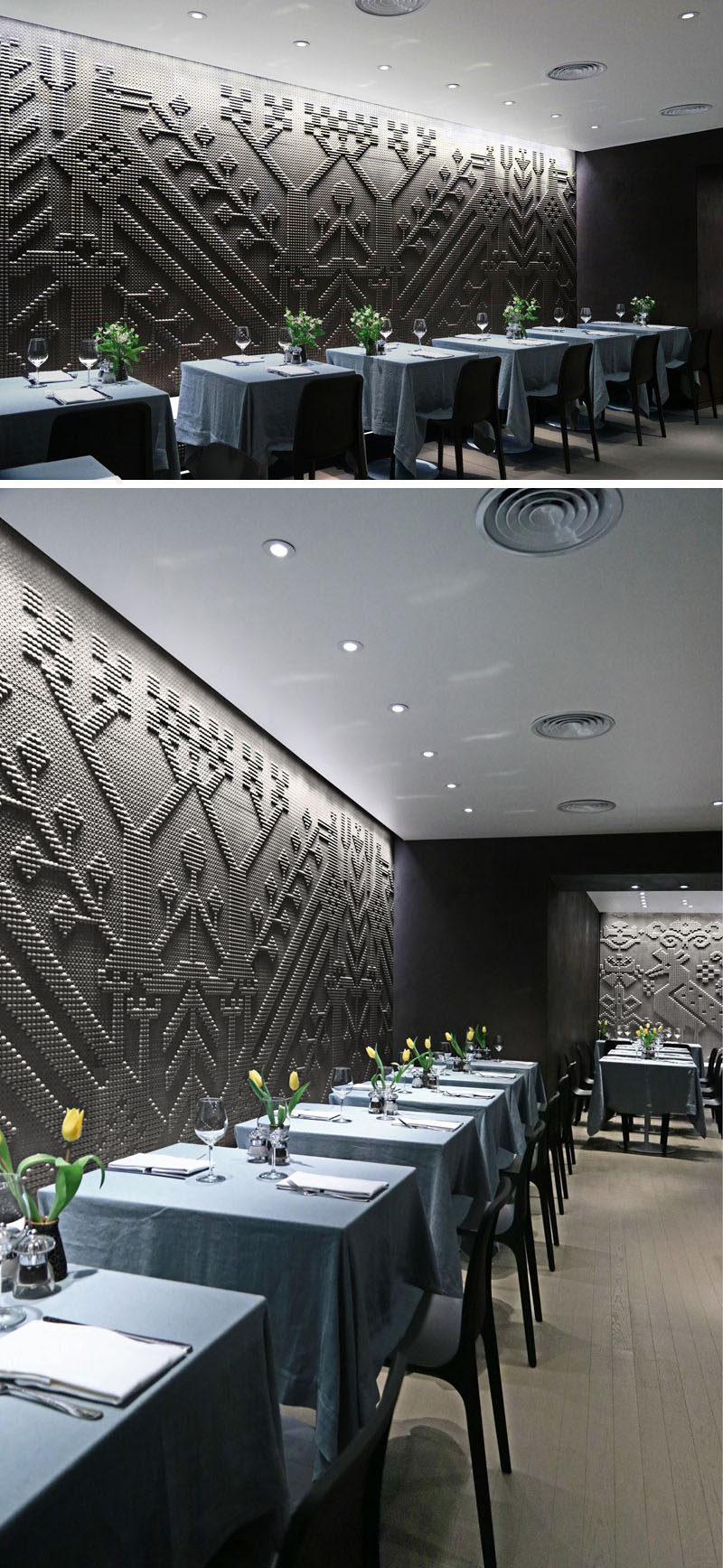 Wall Decor Ideas - Once in the main dining room of this contemporary restaurant, you're eye is immediately drawn to the the first of two large wall tapestries made from finely chiseled natural stone.