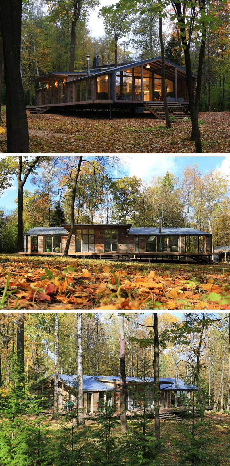 This rustic modern house in a forest has a modular design, with metal framing combined with barn board and glass to create a look that fits in with the surrounding environment.