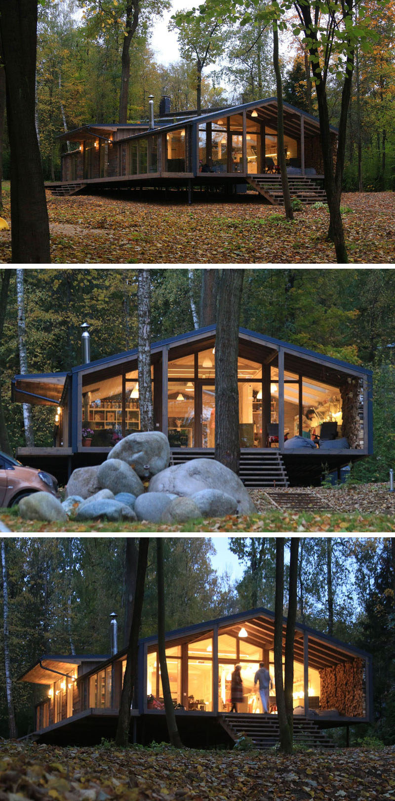 This rustic modern house in a forest has a modular design, with metal framing combined with barn board and glass to create a look that fits in with the surrounding environment.