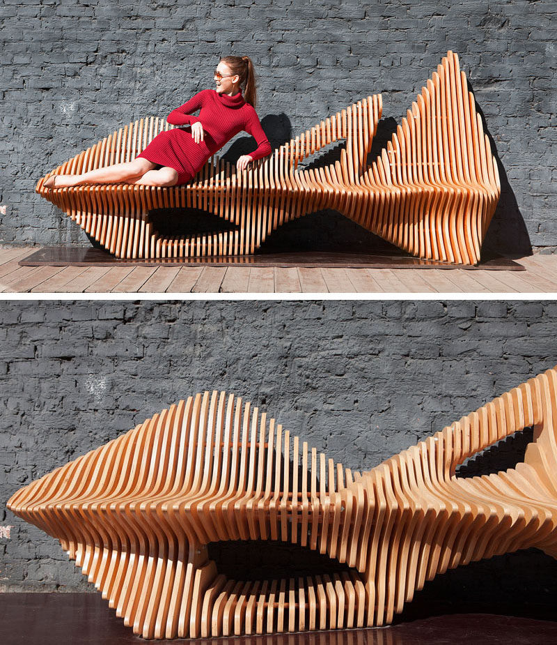 Oleg Soroko has designed an organically shaped, sculptural wooden bench named the Falcon Bench, inspired by the bird of the same name.