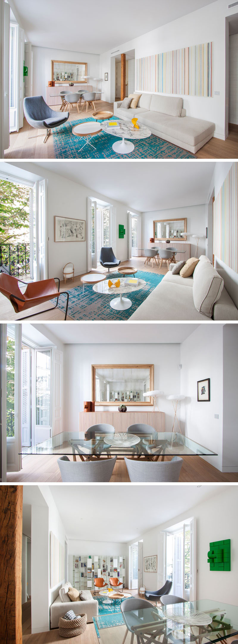 In this modern apartment, the living room and dining room share the open floor plan, while a large mirror on the wall makes the room appear larger than it is. Pops of color in the decor, rug and artwork, help to brighten the space. Large windows open up to a Juliet balcony and provide plenty of natural light.