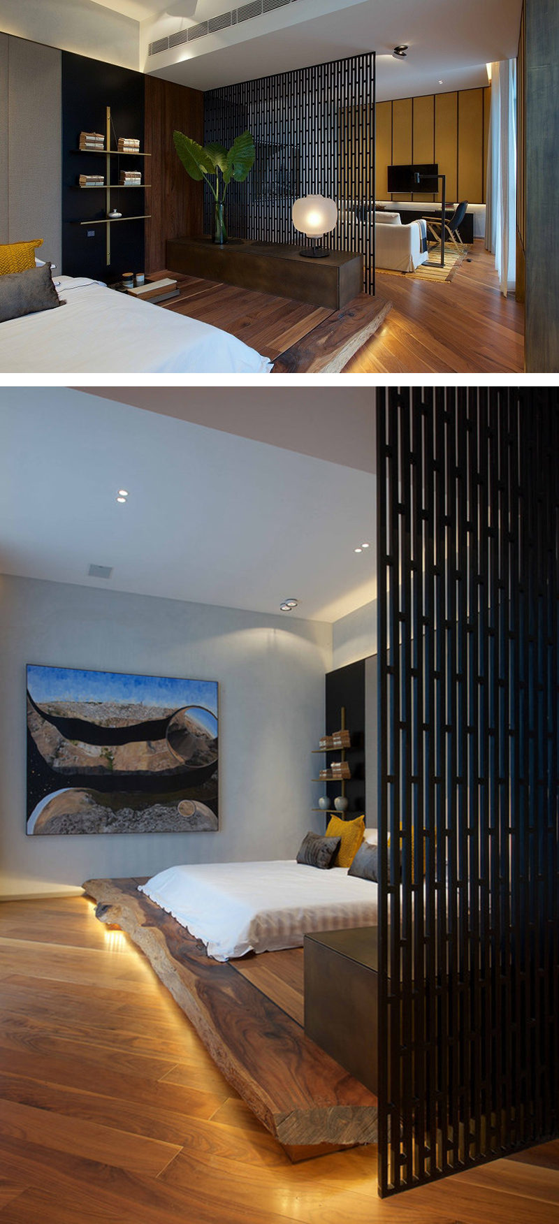 In this small apartment the living room and bedroom share the same area. The bedroom space was separated from the rest of the apartment by using a screen for a divider and placing the bed on a wood platform with hidden LED lighting.