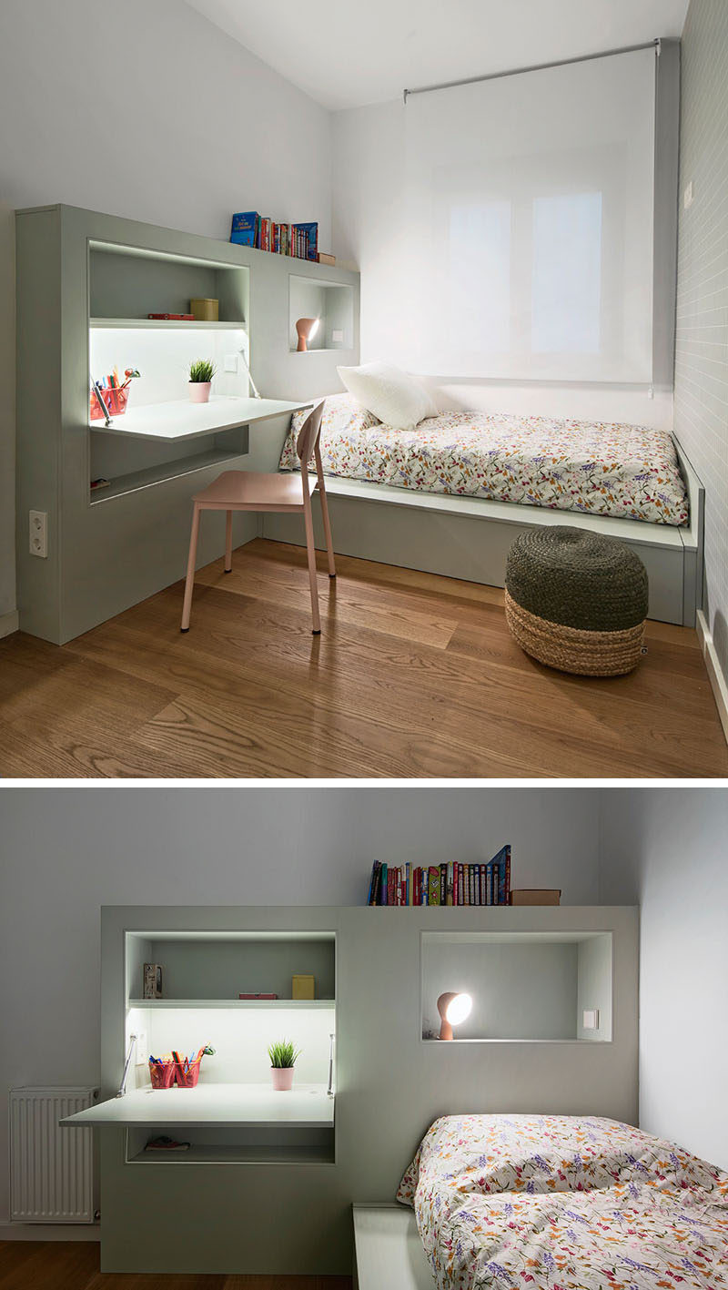 This modern kids bedroom furniture has been designed to keep things organized with built-in shelving and a fold-down homework station.