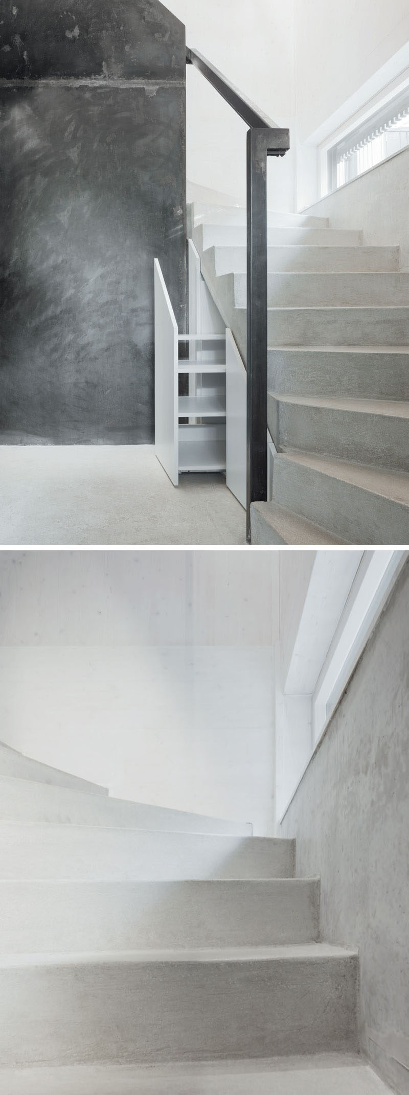 Inside this modern home, storage has been hidden underneath the concrete and steel stairs. A small window half way up the stairs lets natural light in to brighten the space.