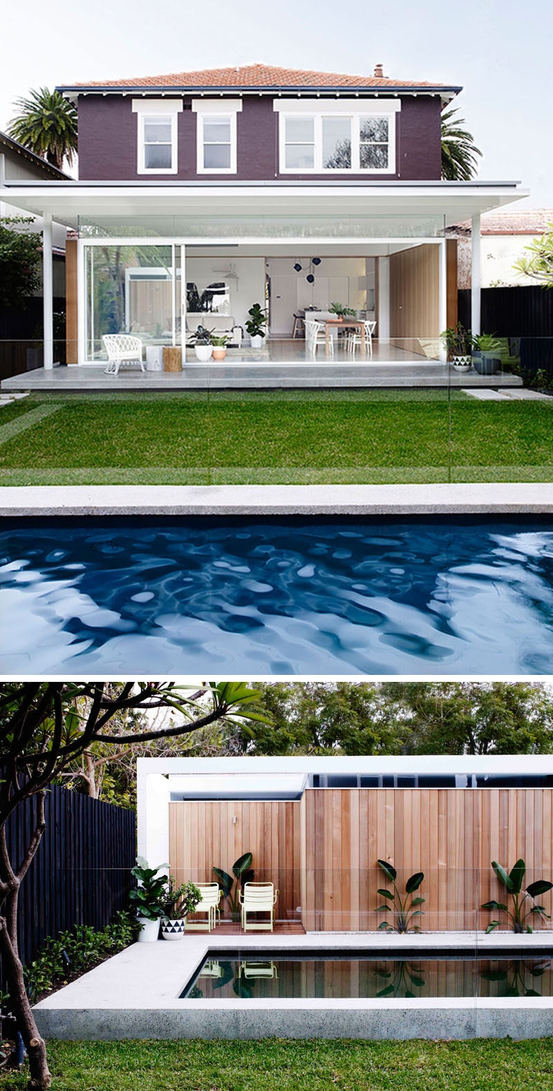 At the rear of this renovated duplex, the ground floor was opened up to the backyard and swimming pool, and a new extension housing the living room and dining room was added.