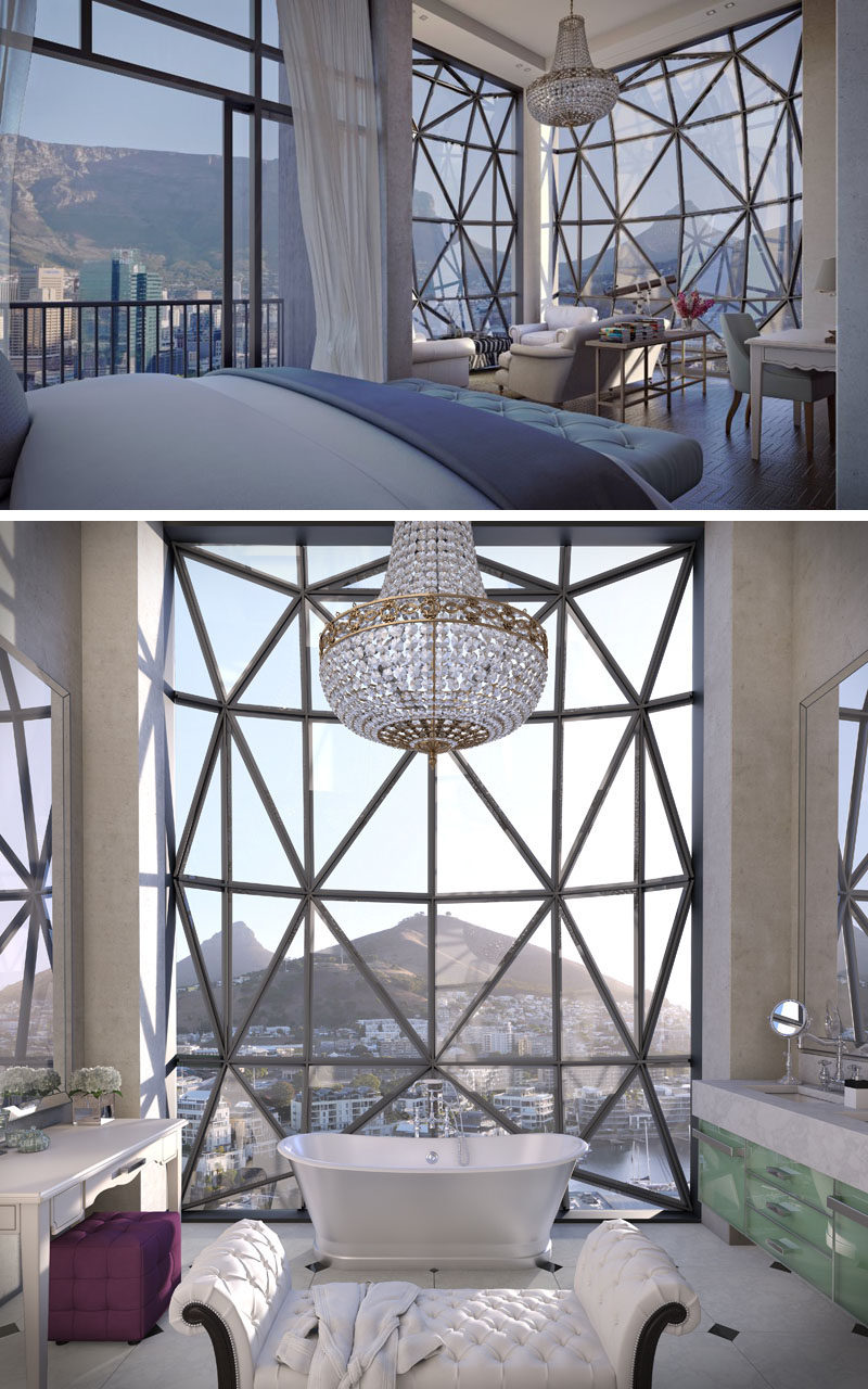 As part of the design of The Silo, a hotel in South Africa, are the huge windows. They are made from 56 hand-cut panels of glass and they stand 5 ½ meters (18 foot) high, plus they dome out about 1 meter (3 feet).