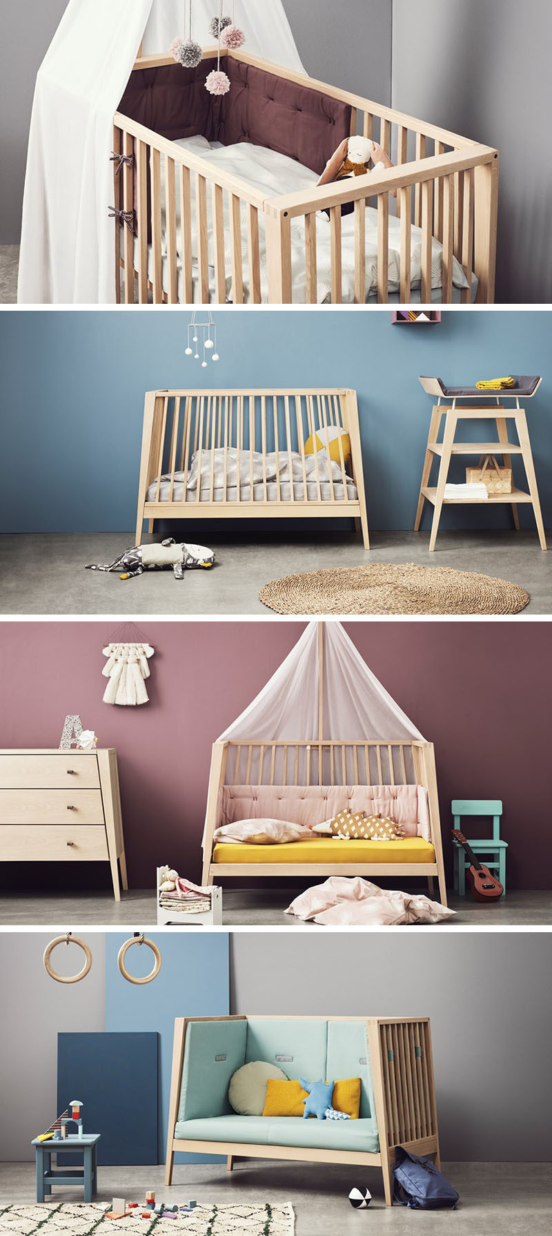 This transitional modern nursery furniture is baby cot that transforms into a small day bed or couch as the child grows.