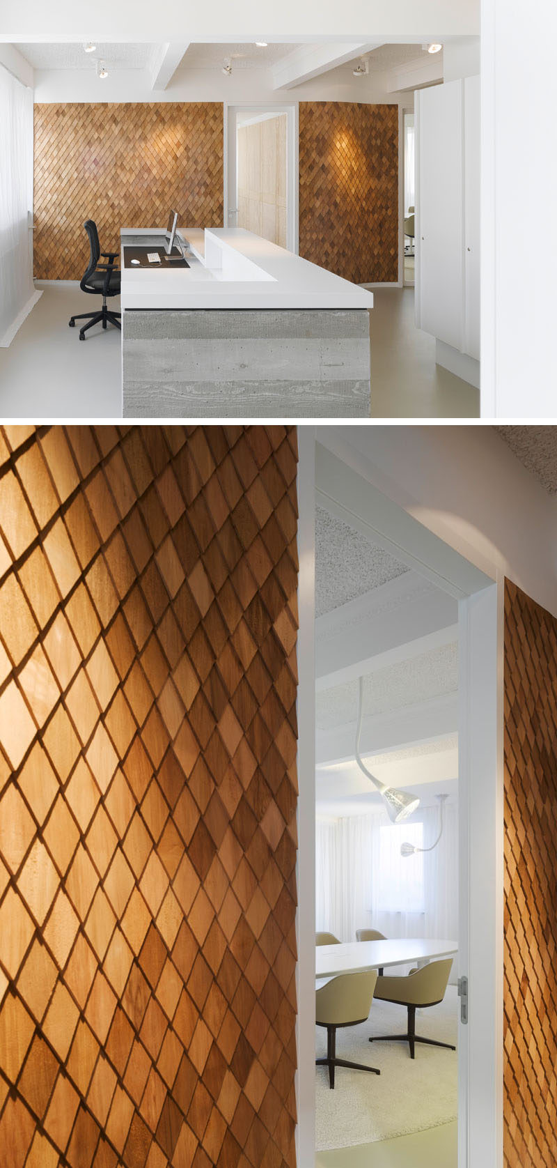 Interior Design Idea - In this contemporary office interior, the designers used wooden shingles on various wall panels to act as accent walls and to help create texture in the space.