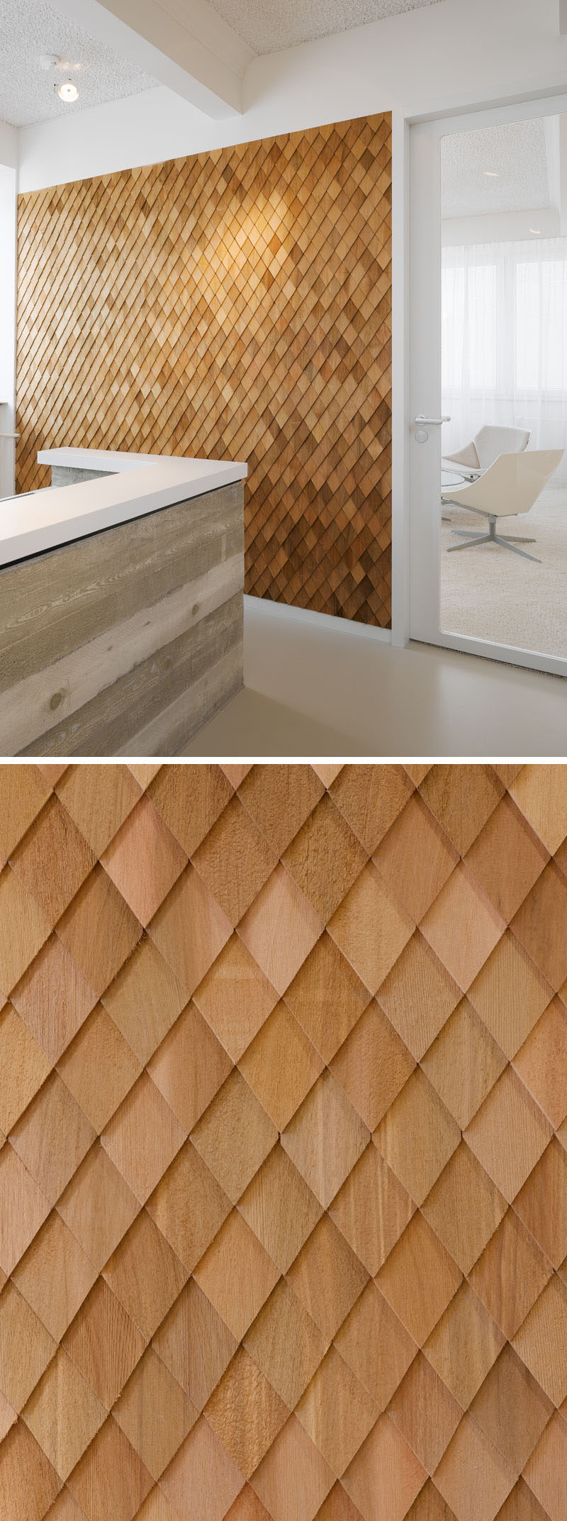 Interior Design Idea - In this contemporary office interior, the designers used wooden shingles on various wall panels to act as accent walls and to help create texture in the space.