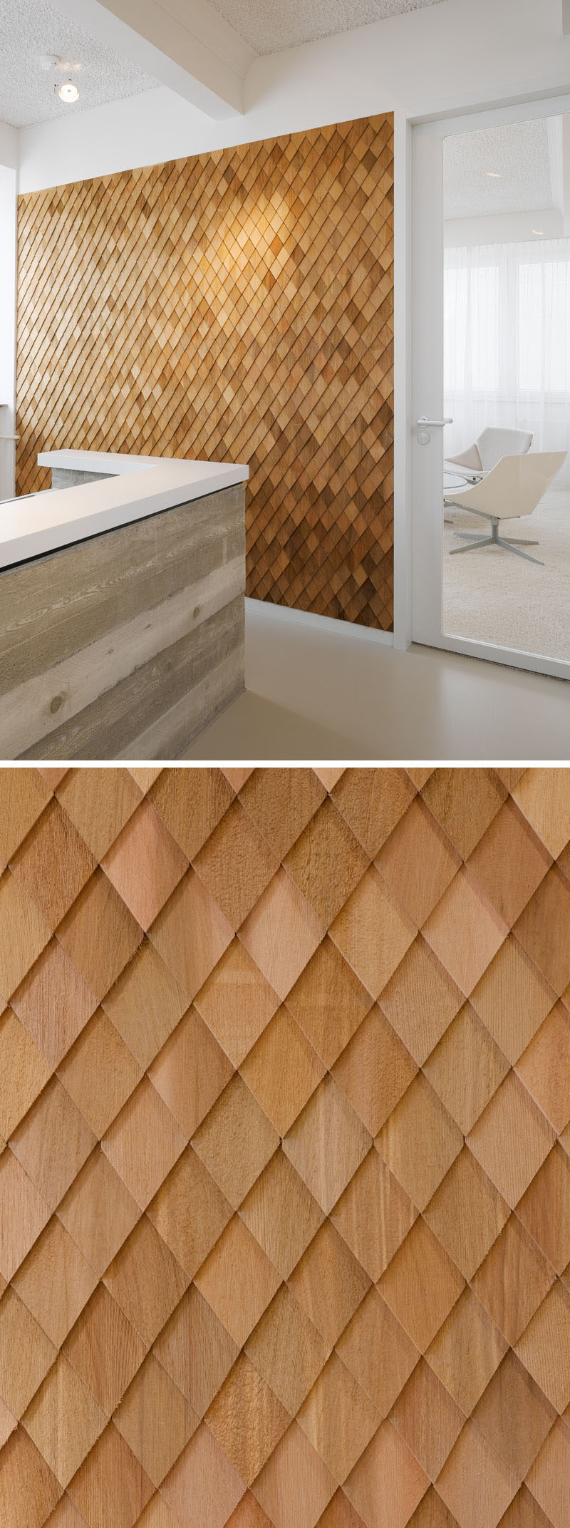 In this contemporary office interior, the designers used wooden shingles on various wall panels to act as accent walls and to help create texture in the space.