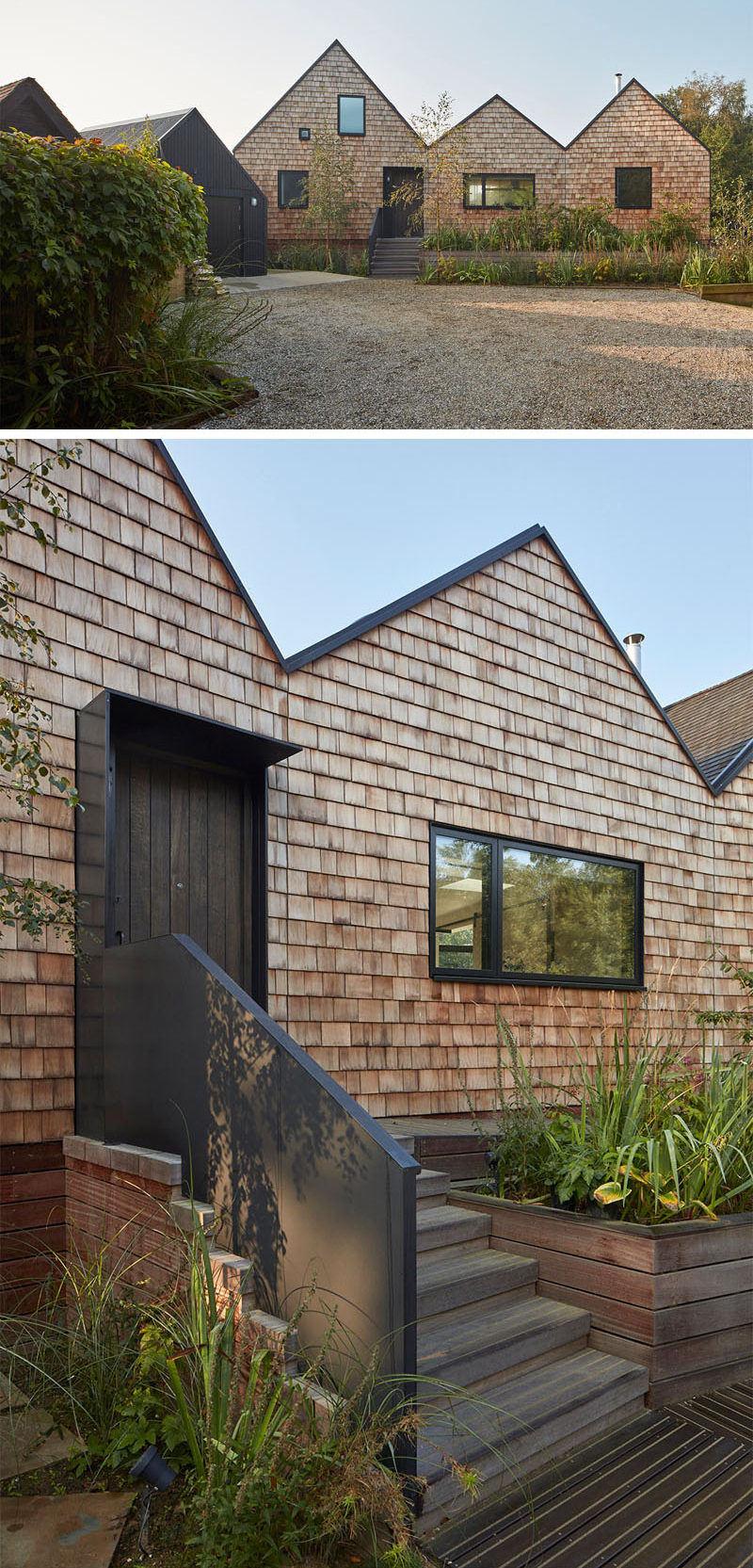This modern house is covered in wood shingles, and planter boxes hide the ramp leading to the front door.