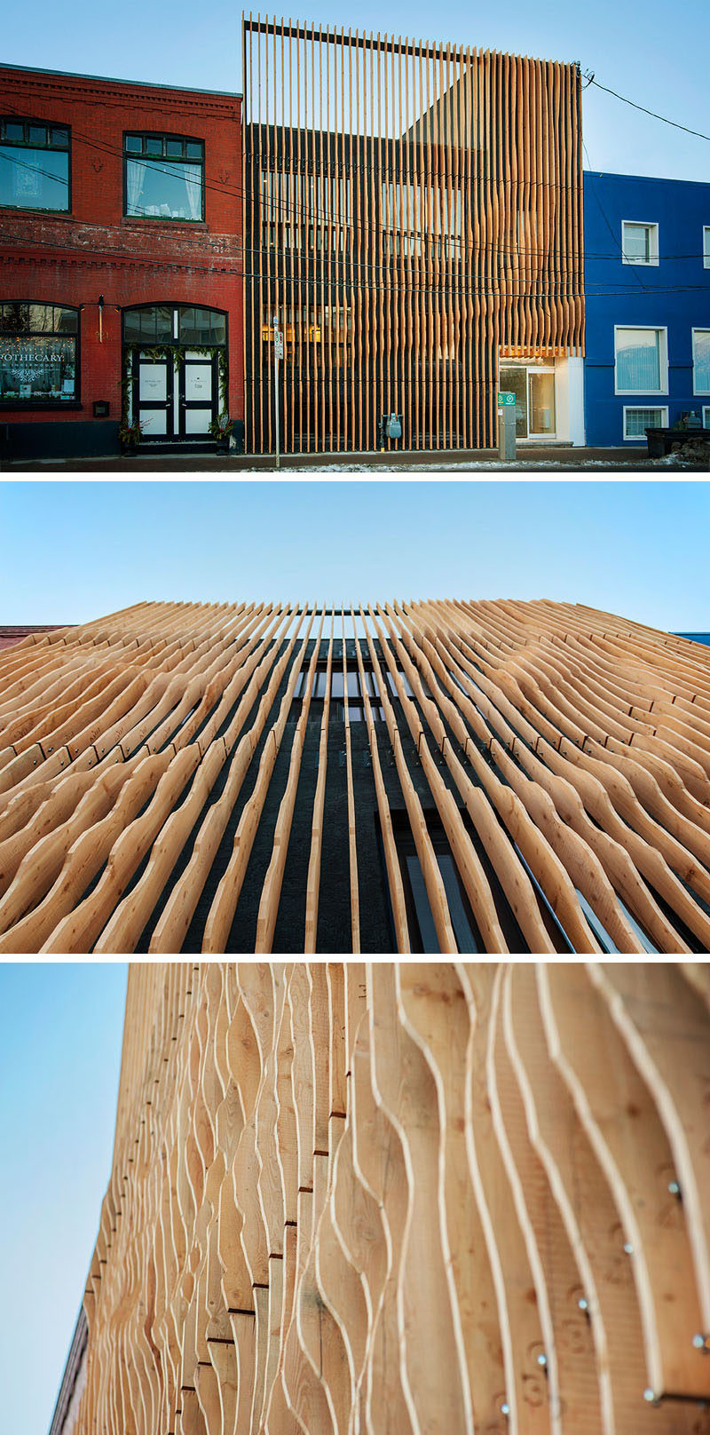 Using 100 year old fir reclaimed from an abandoned grain storehouse in Alberta, design firm MODA created a screen of 'fins' over top of the concrete exterior of this building.