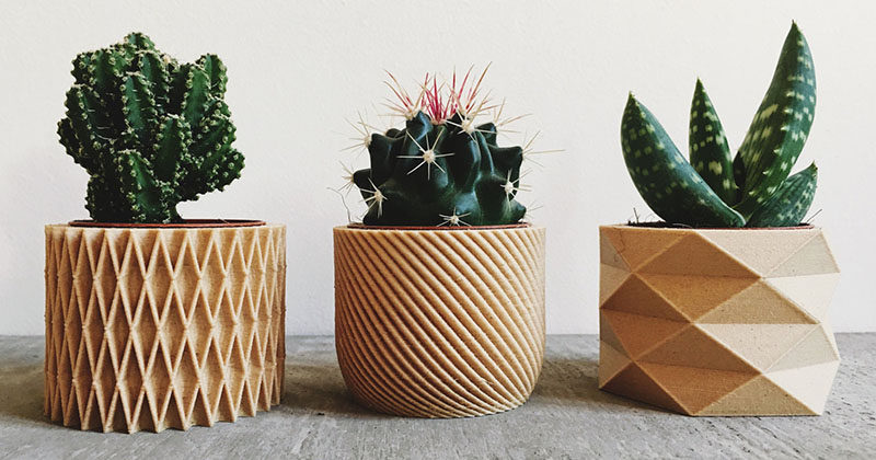 These modern and intricate geometric planters by Minimum Design are 3D printed products made from recycled wood fibers and bioplastic, making them biodegradable.