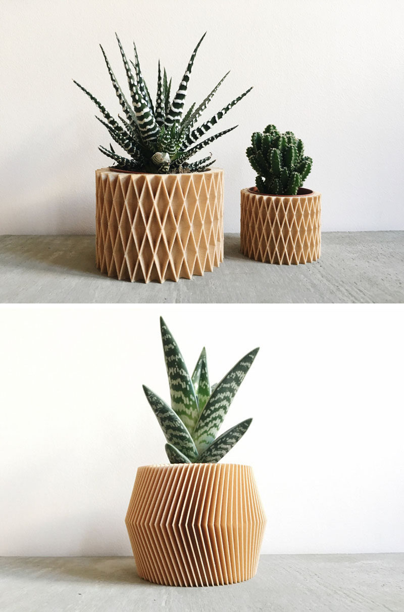 These modern and intricate geometric planters by Minimum Design are 3D printed products made from recycled wood fibers and bioplastic, making them biodegradable.