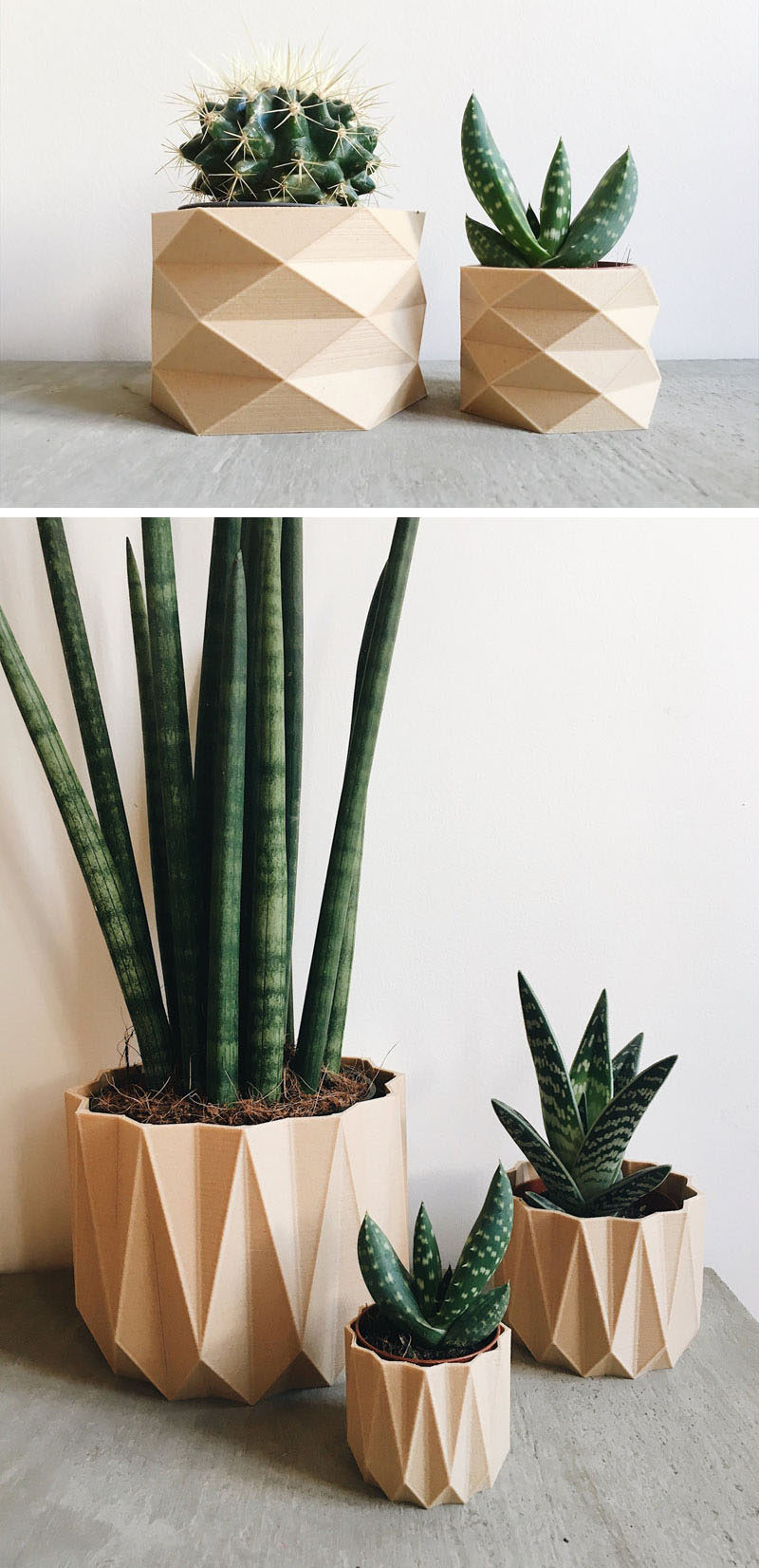 These modern and intricate geometric planters by Minimum Design are 3D printed products made from recycled wood fibers and bioplastic, making them biodegradable.