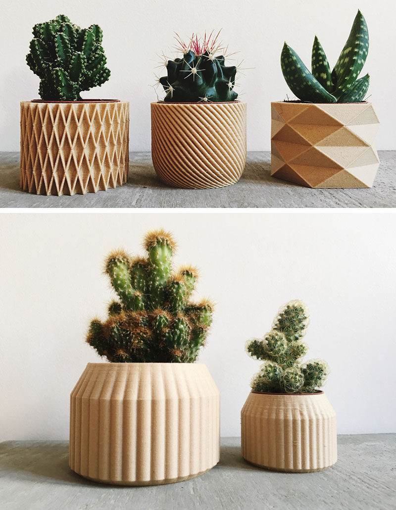 These modern and intricate geometric planters by Minimum Design are 3D printed products made from recycled wood fibers and bioplastic, making them biodegradable.