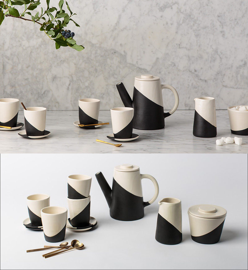 This black and white diagonal stripe ceramic tea set comes with the tea pot, cups and saucers, a milk jug, and a sugar bowl, all you have to do is brew the tea.