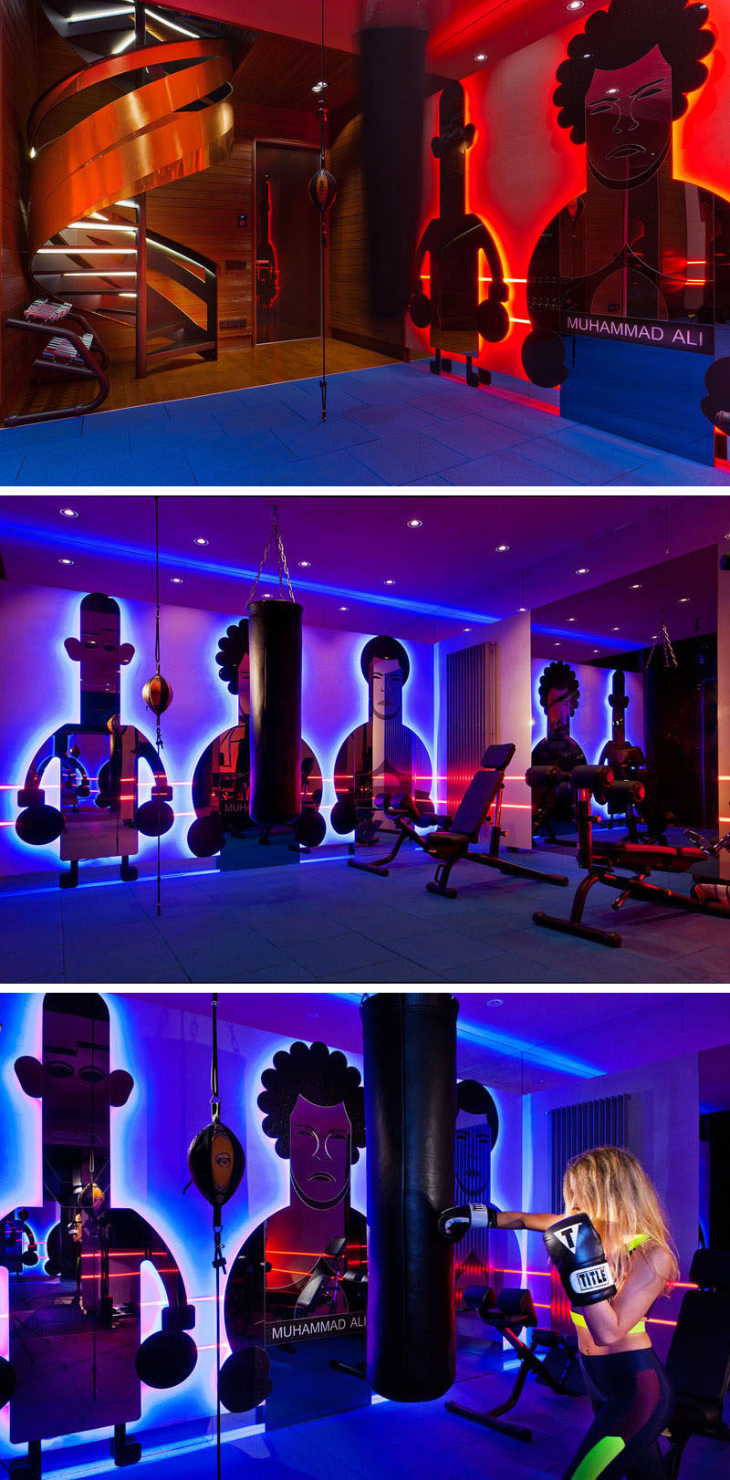 In this modern boxing gym there are custom-designed backlit mirrors are shaped like figures of famous boxers, while colorful lighting helps to keep the space vibrant.