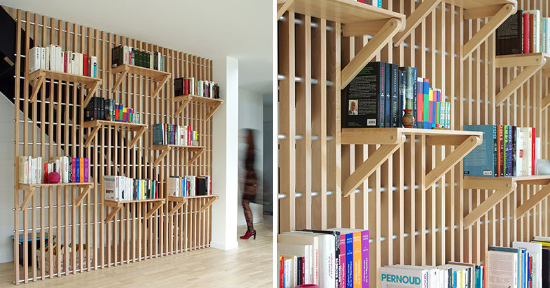 French designer Alexandre Pain created Rossignol, a custom designed wood shelf and railing system that can be used to store books and act as a guard rail for the staircase.