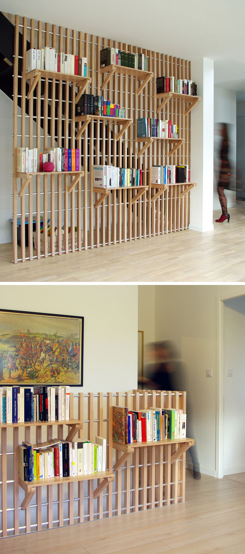 French designer Alexandre Pain created Rossignol, a custom designed wood shelf and railing system that can be used to store books and act as a guard rail for the staircase.