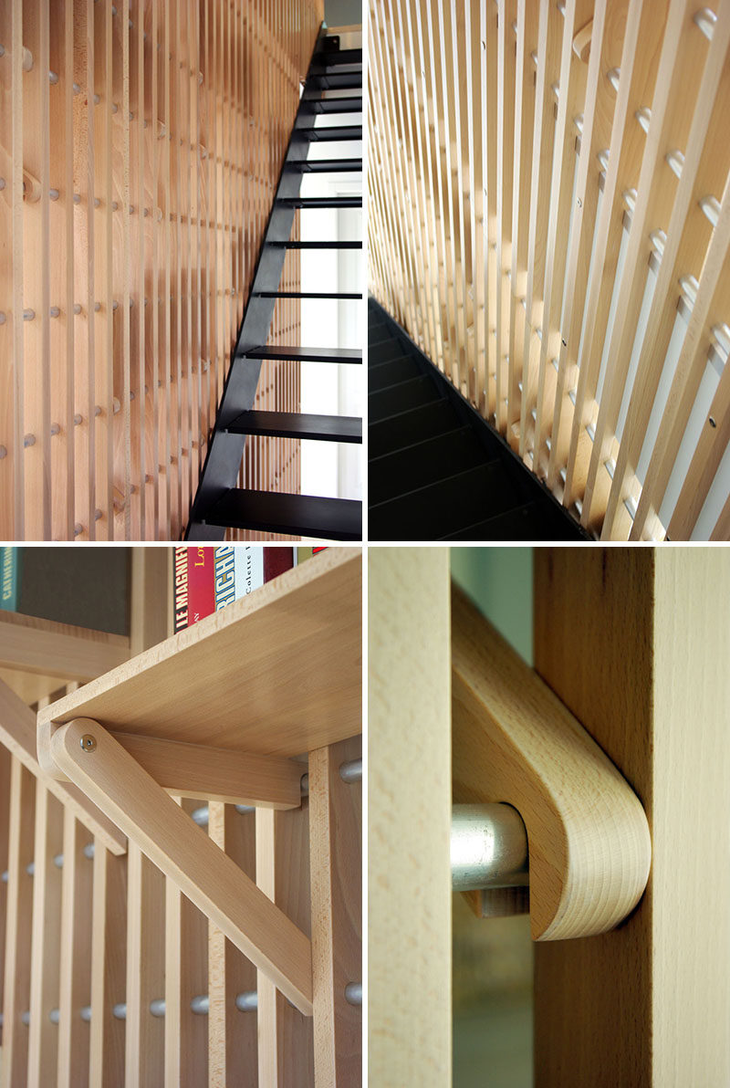 French designer Alexandre Pain created Rossignol, a custom designed wood shelf and railing system that can be used to store books and act as a guard rail for the staircase.