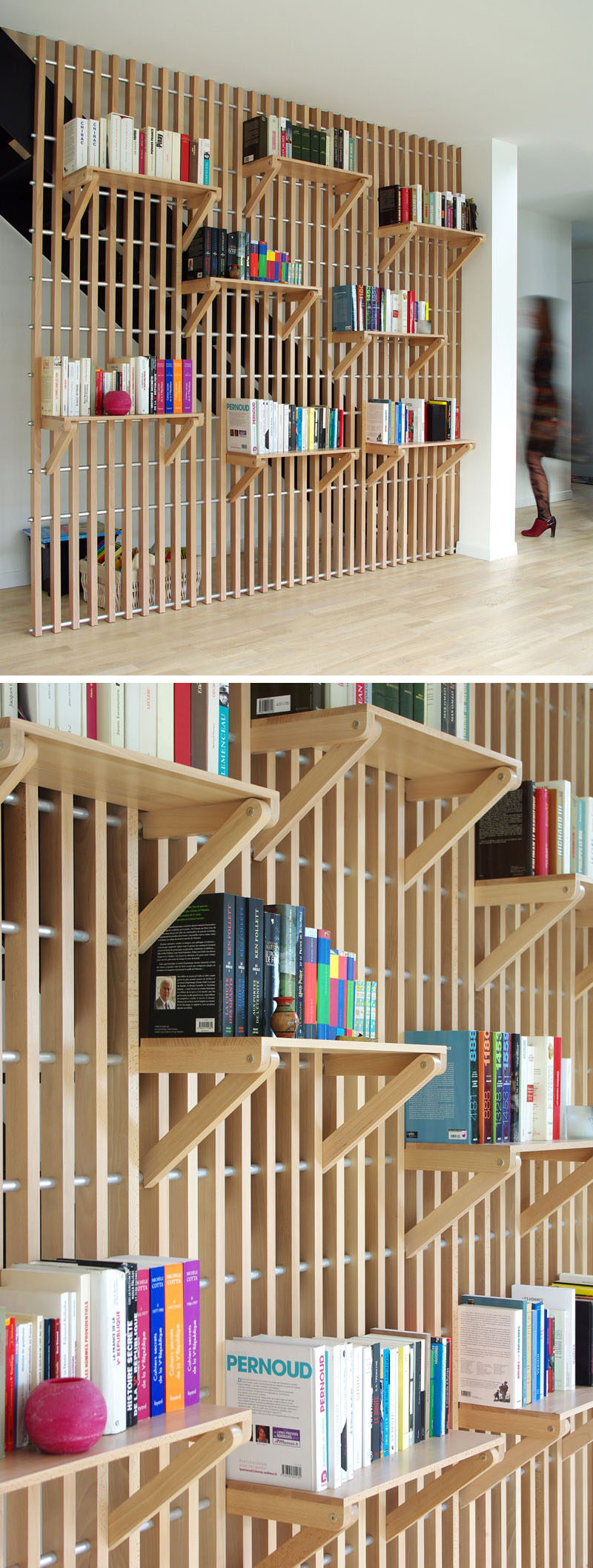 French designer Alexandre Pain created Rossignol, a custom designed wood shelf and railing system that can be used to store books and act as a guard rail for the staircase.